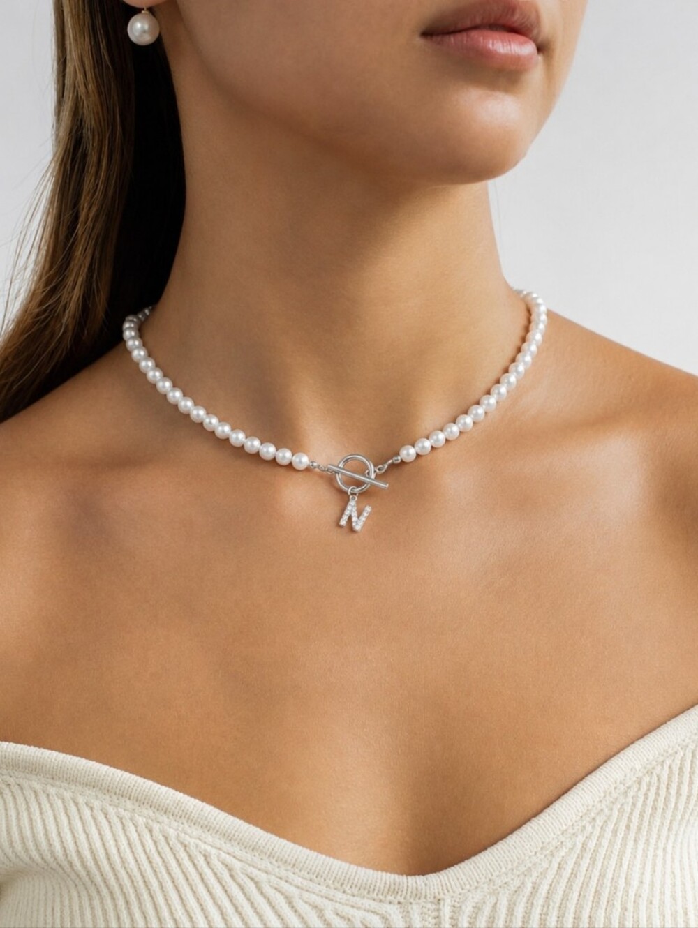 Pearl Toggle Necklace with Crystal 'Initial Letter"Charm - White 18 Inches
